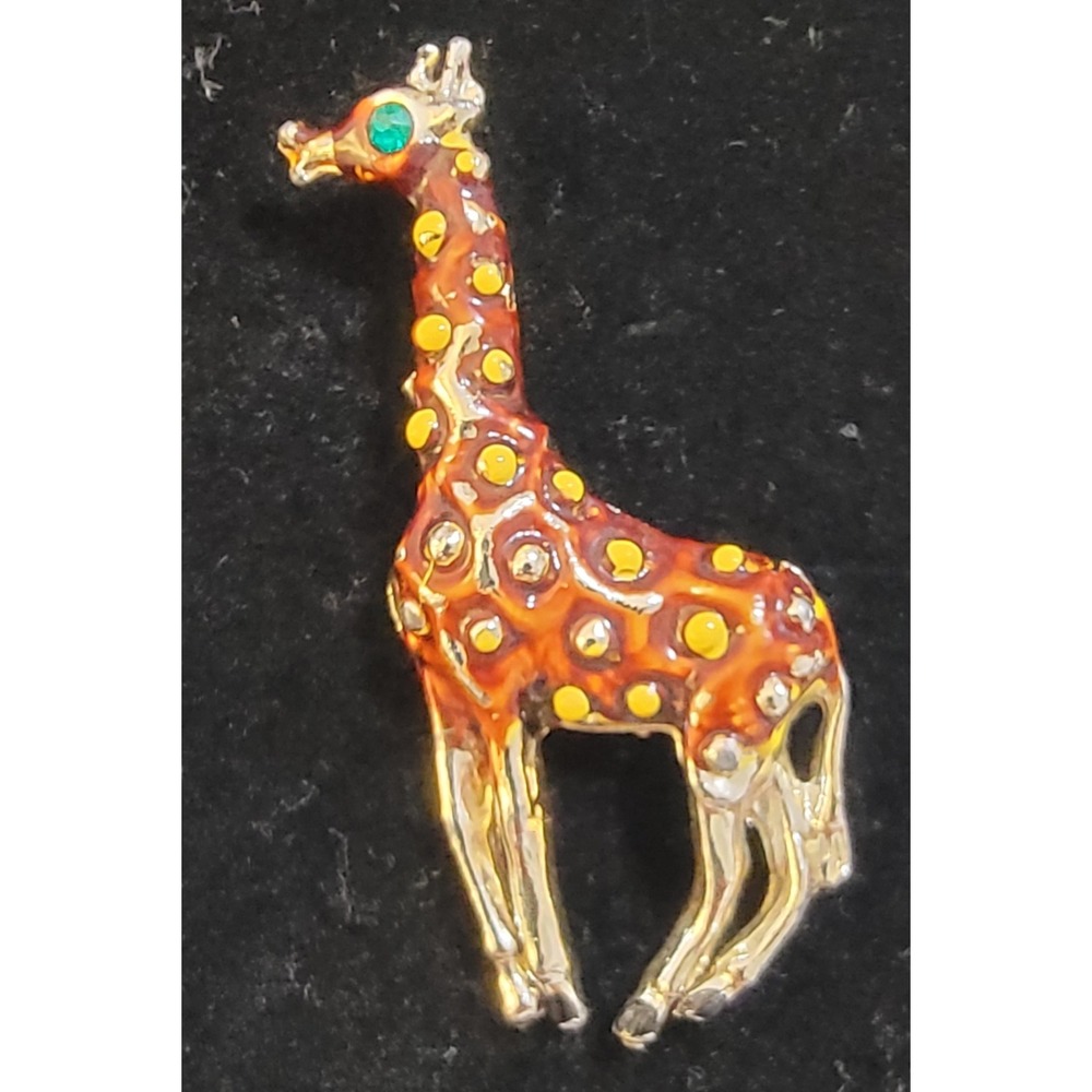 Vintage Giraffe Brooch Gold Tone Orange Yellow Enamel Green‎ Rhinestone Eye Pin